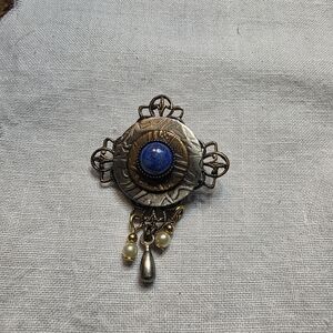 Vintage Mixed Metal Layered Medallion Brooch Faux Pearls And Faux Lapis Lazuli